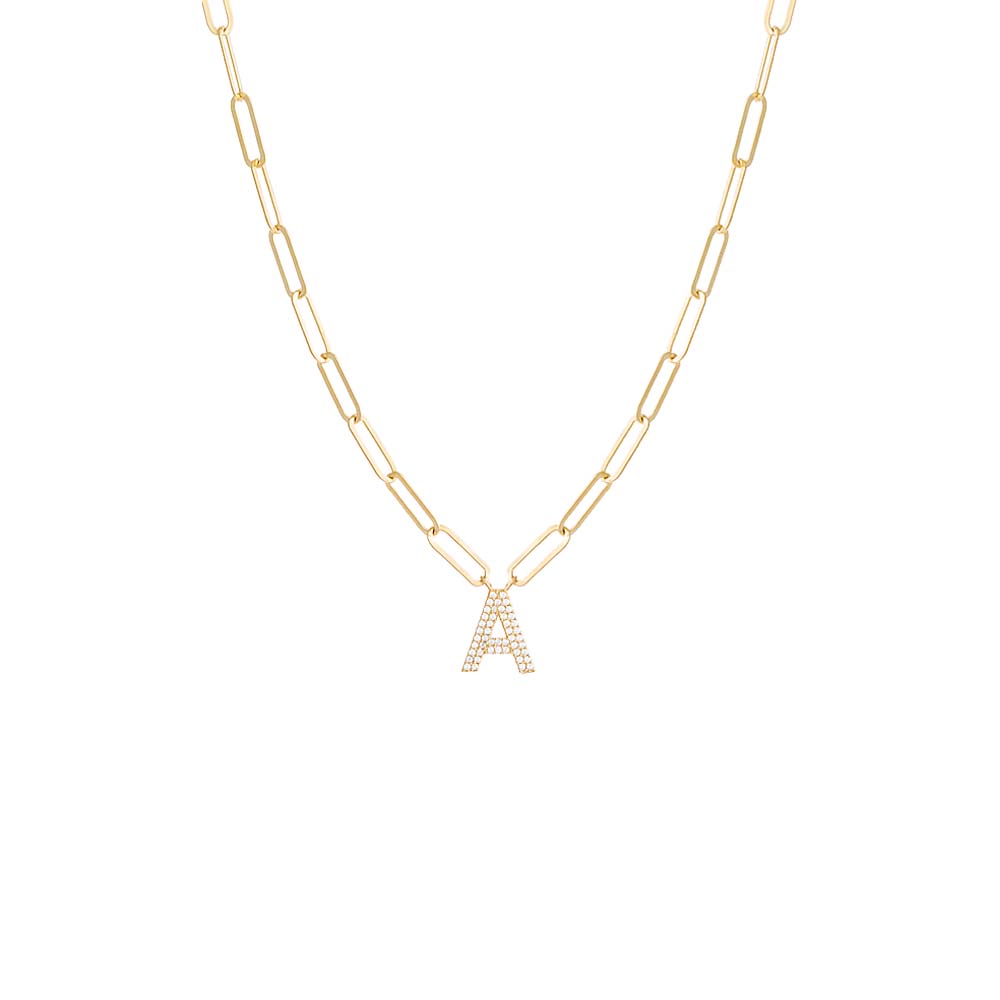 Pave Block Initial Paperclip Necklace