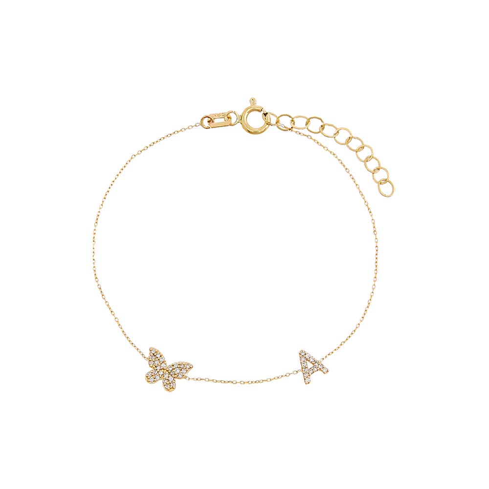 Diamond Pave Butterfly Initial Bracelet 14K