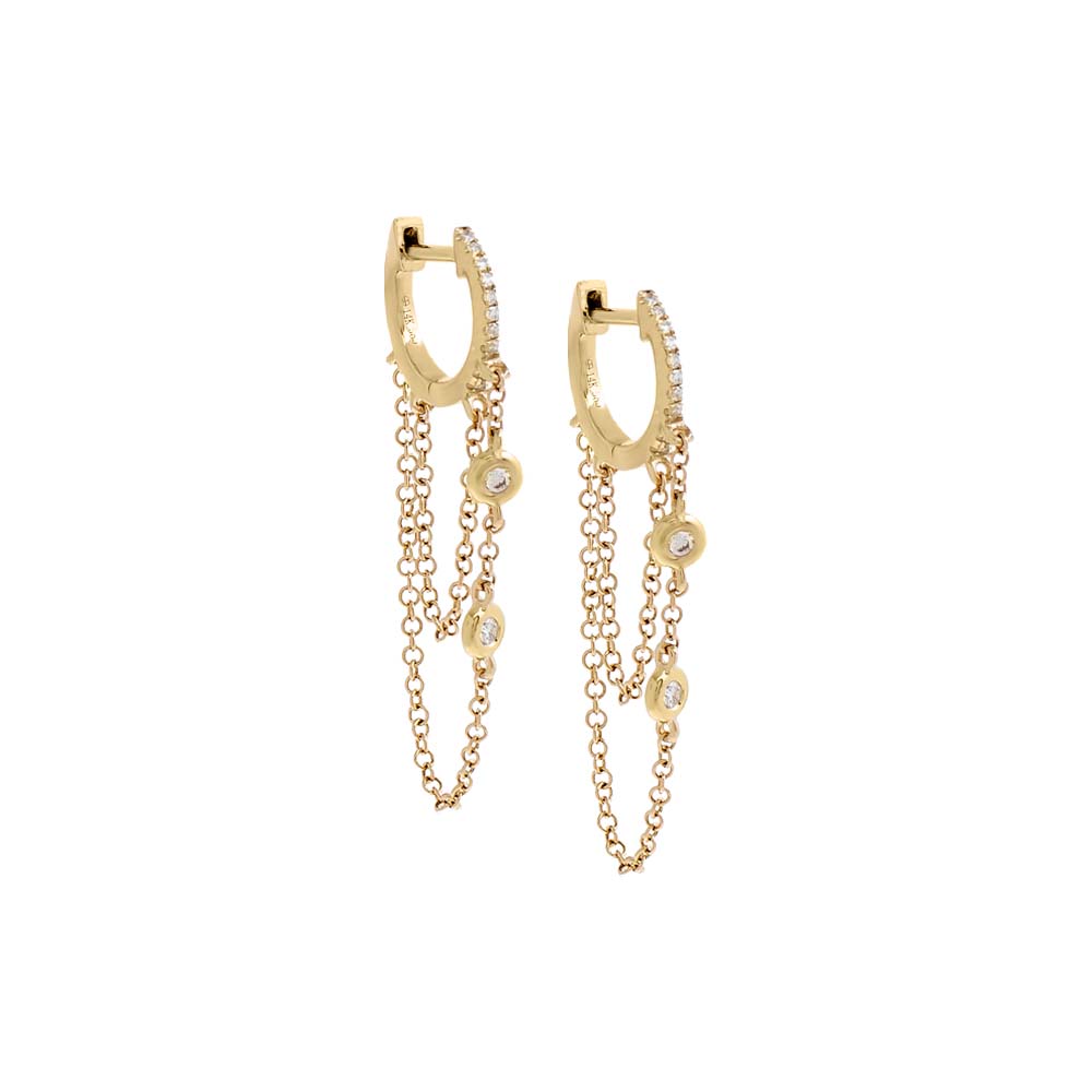 Diamond Double Bezel Drop Chain Huggie Earring 14K