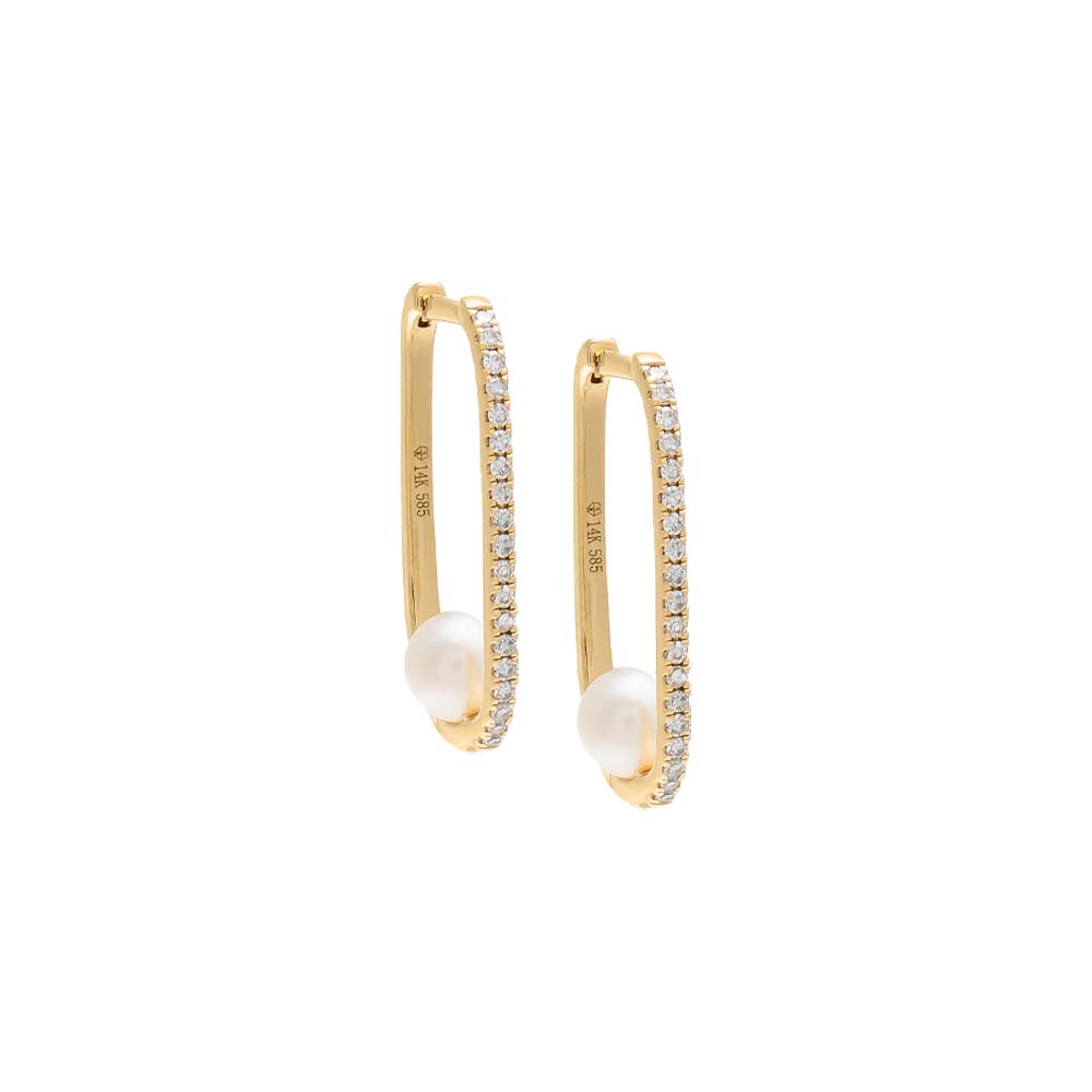 Diamond Oval Pave Pearl Huggie Earring 14K