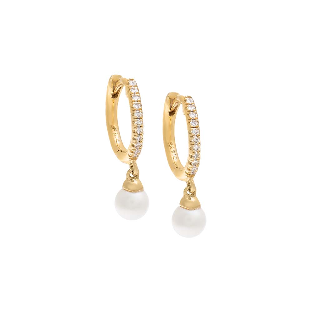 Tiny Dangling Pearl Diamond Huggie Earring 14K