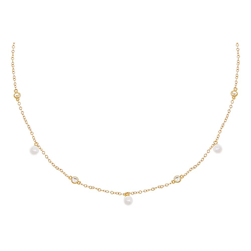 CZ Bezel X Dangling Pearl Choker