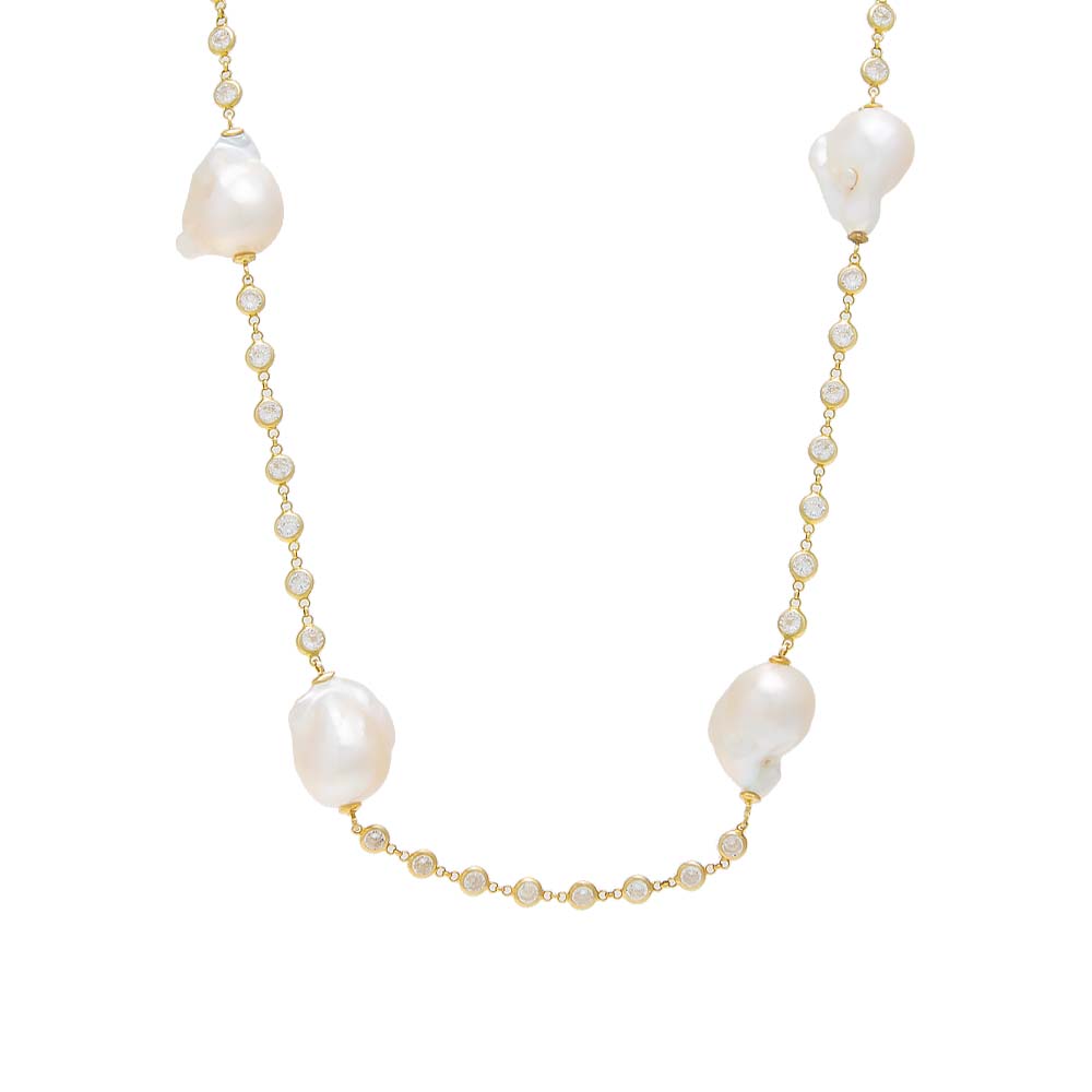 CZ Bezel Chain Baroque Pearl Necklace